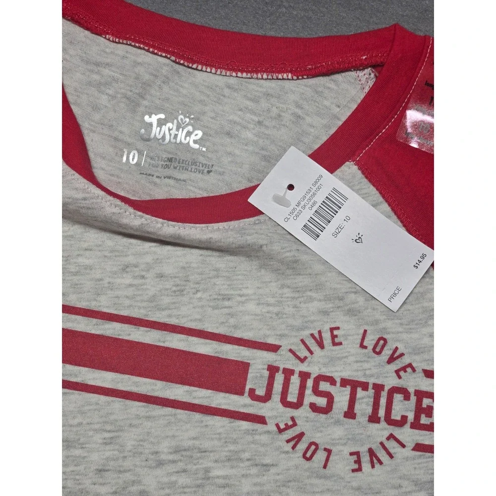 Justice Girls Raglan Tee Red Gray Long Sleeve Graphic Shirt Size 10 NEW
